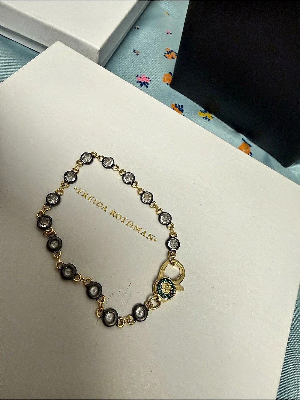 Freida Rothman Crystal Bezel Bracelet 7” – Emerald Green Pavé Clasp Mixed Metal